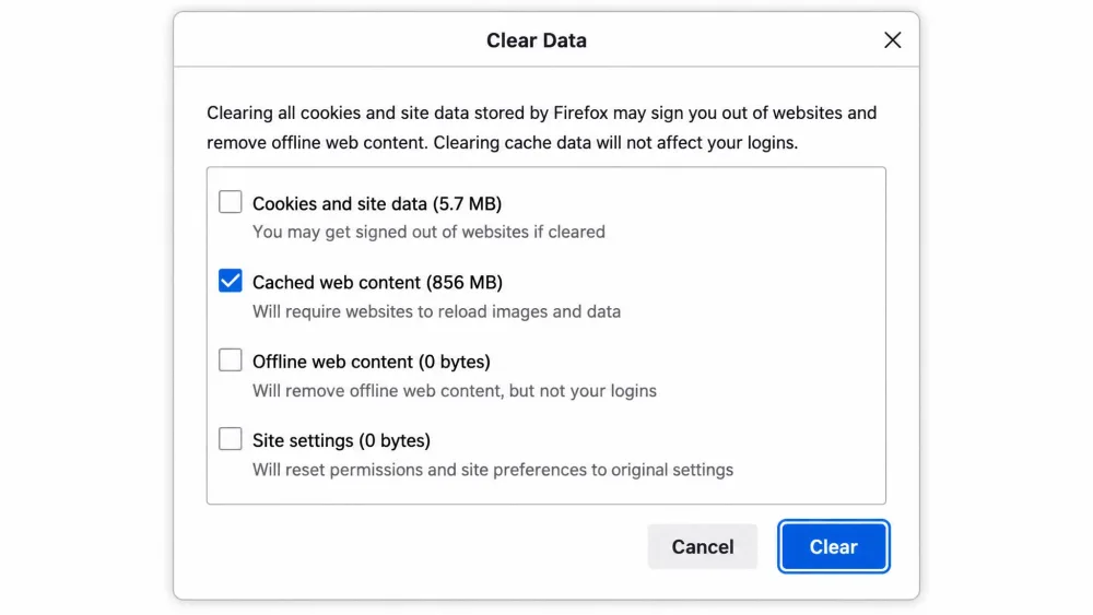 Mozilla Firefox's Clear Data window with the Cookies and site data checkbox selected and the Clear button highlighted at the bottom.