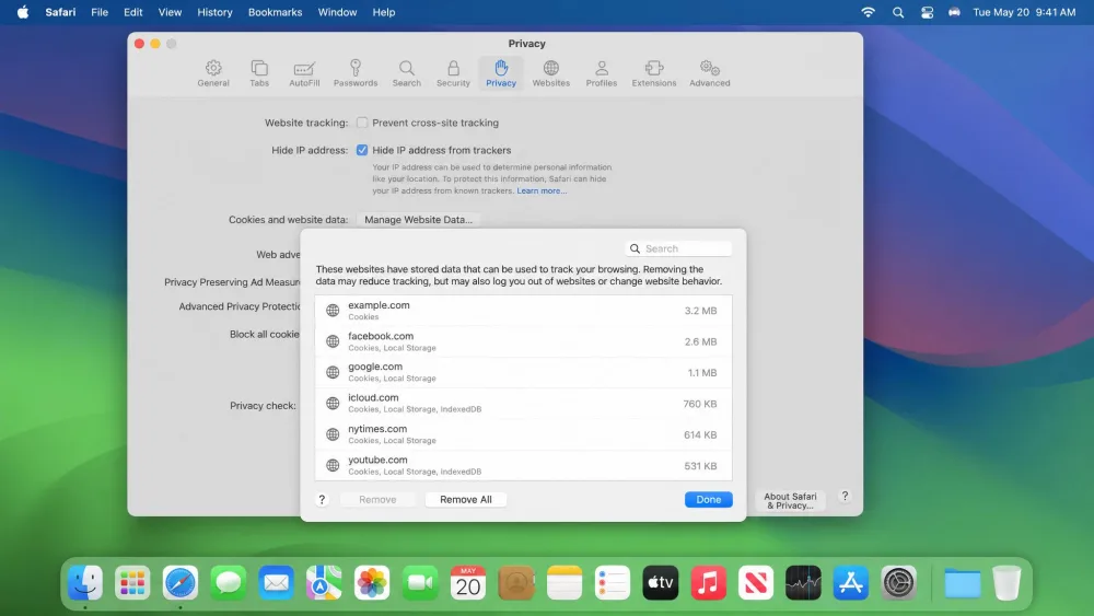 Safari on Mac showing the Privacy settings tab with the Manage Website Data list open and the Remove All button visible.