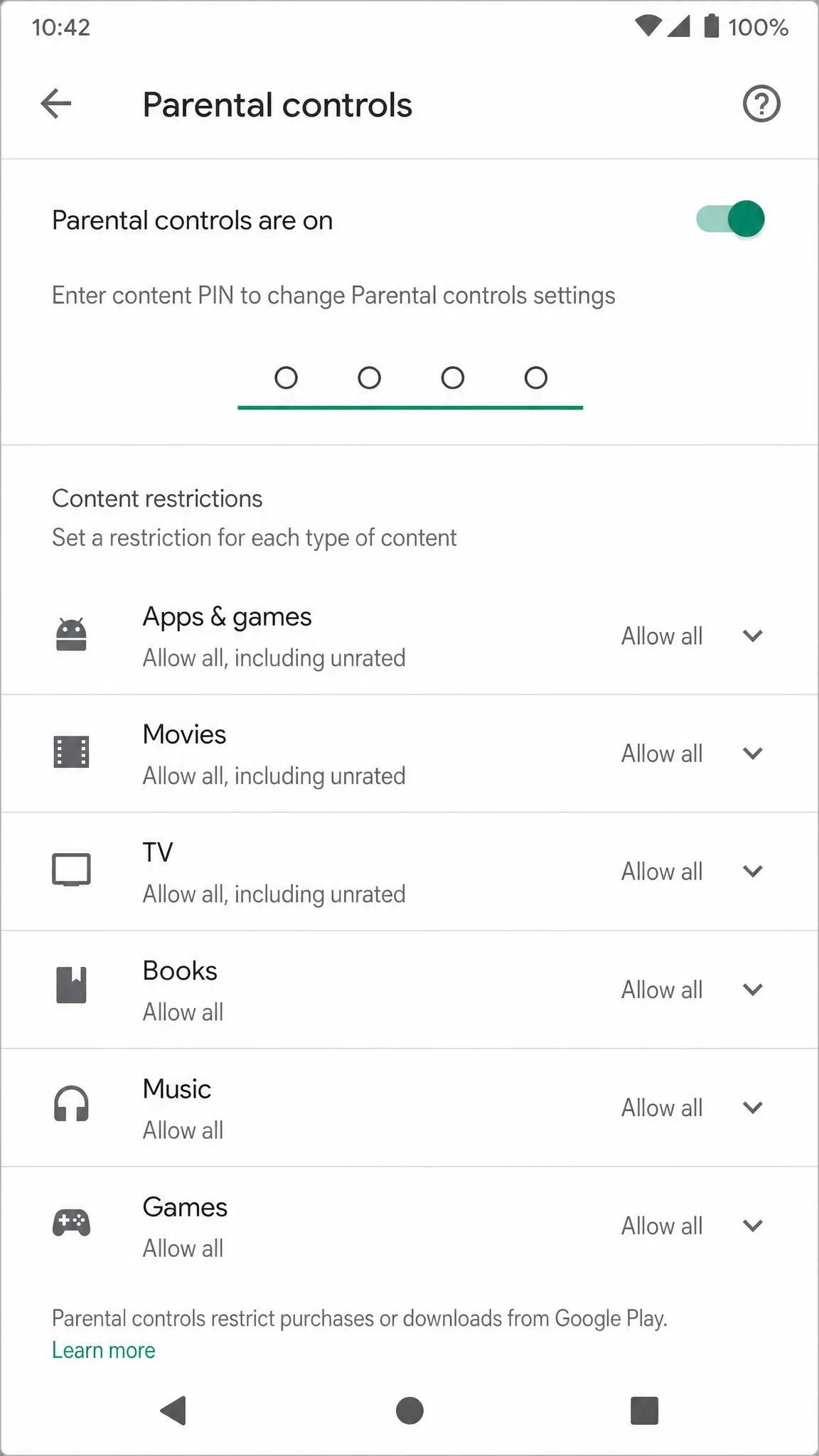 The Google Play Store parental-controls page on an Android phone with the content-restriction categories listed and the PIN entry field at the top.