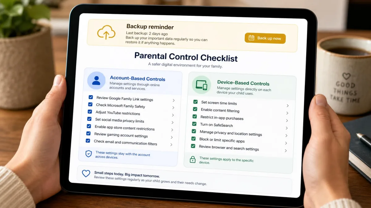 A parent's checklist on a tablet showing the account-based and device-based parental-control categories with a backup reminder at the top.