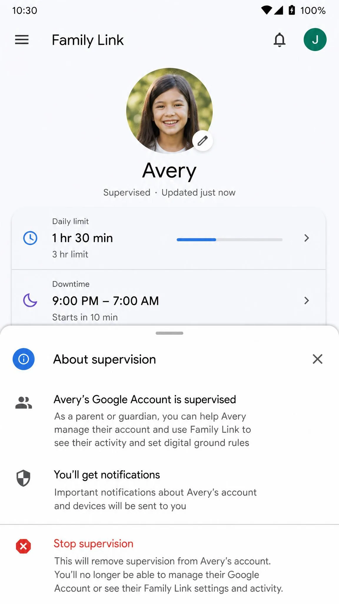 The Family Link app screen showing a child's profile with the About supervision menu open and the Stop supervision option visible.