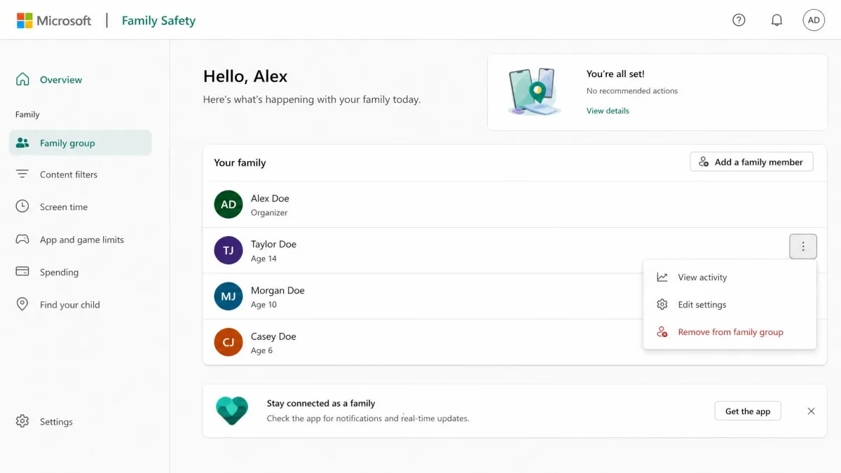 The Microsoft Family Safety website dashboard listing a child's name with the overflow menu open beside it showing the Remove from family group option.