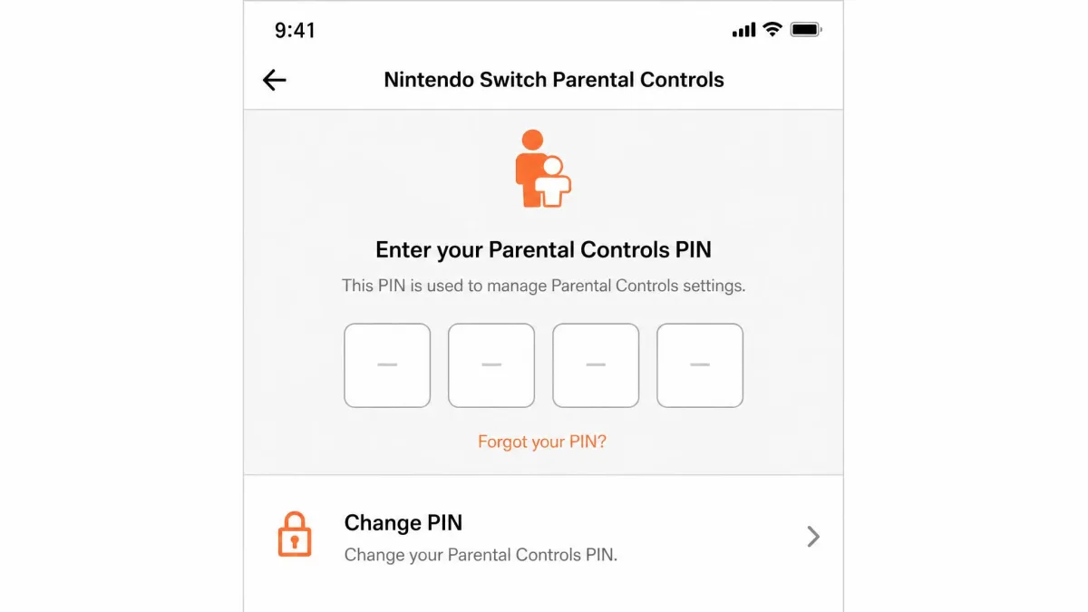 The Nintendo Switch Parental Controls smartphone app screen showing the Parental Controls PIN entry field and the change PIN option.