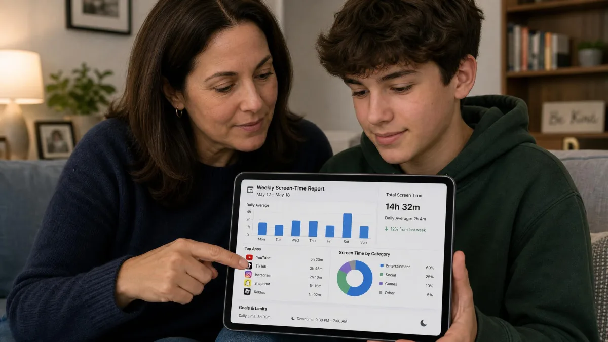 A parent and a teenager looking at a tablet together while reviewing a weekly screen-time report on the screen.