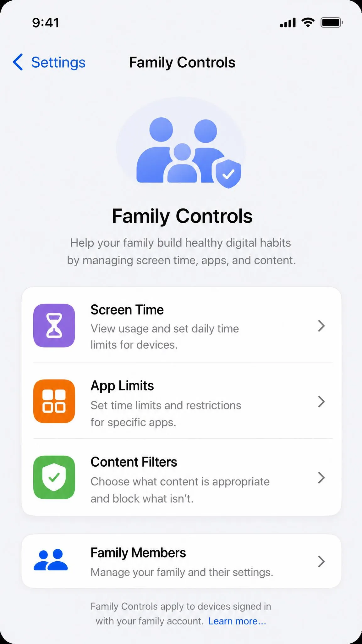 A smartphone settings screen showing the family controls section with Screen Time, app limits, and content filters grouped under one menu.