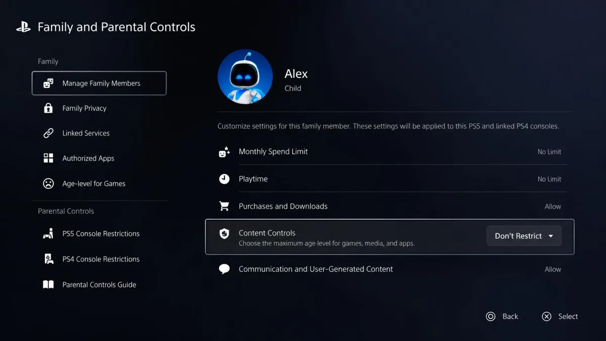 The PlayStation Family and Parental Controls menu showing a child's profile with the content-control dropdown set to Don't Restrict.