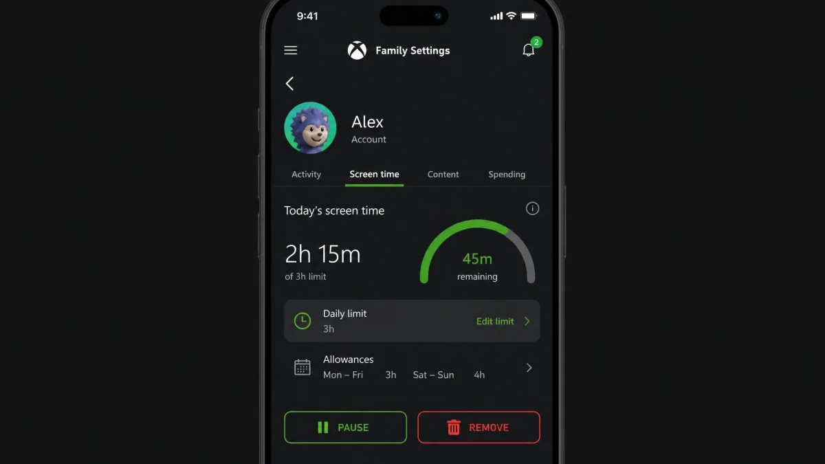 The Xbox Family Settings mobile app showing a child's screen-time limits with the pause and remove options at the bottom of the screen.