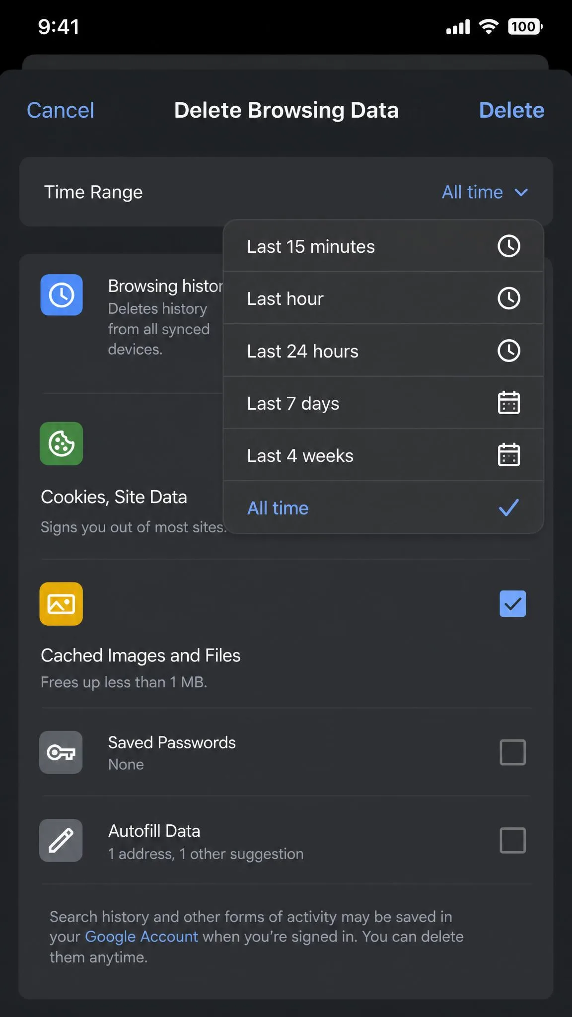 Chrome for iOS showing the Delete Browsing Data screen with the Time Range selector open and All time highlighted instead of the default Last 15 minutes.