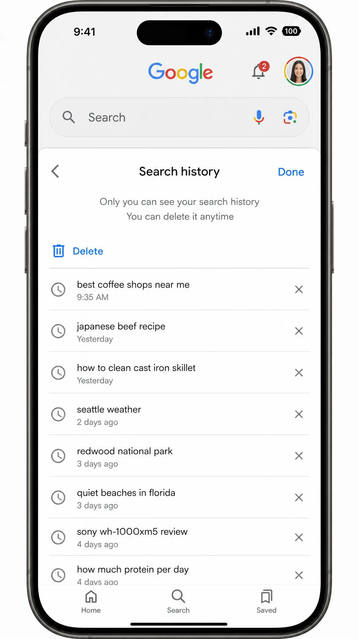 The Google app on an iPhone showing the Search history screen opened from the profile picture, with the Delete option visible above the list of recent queries.