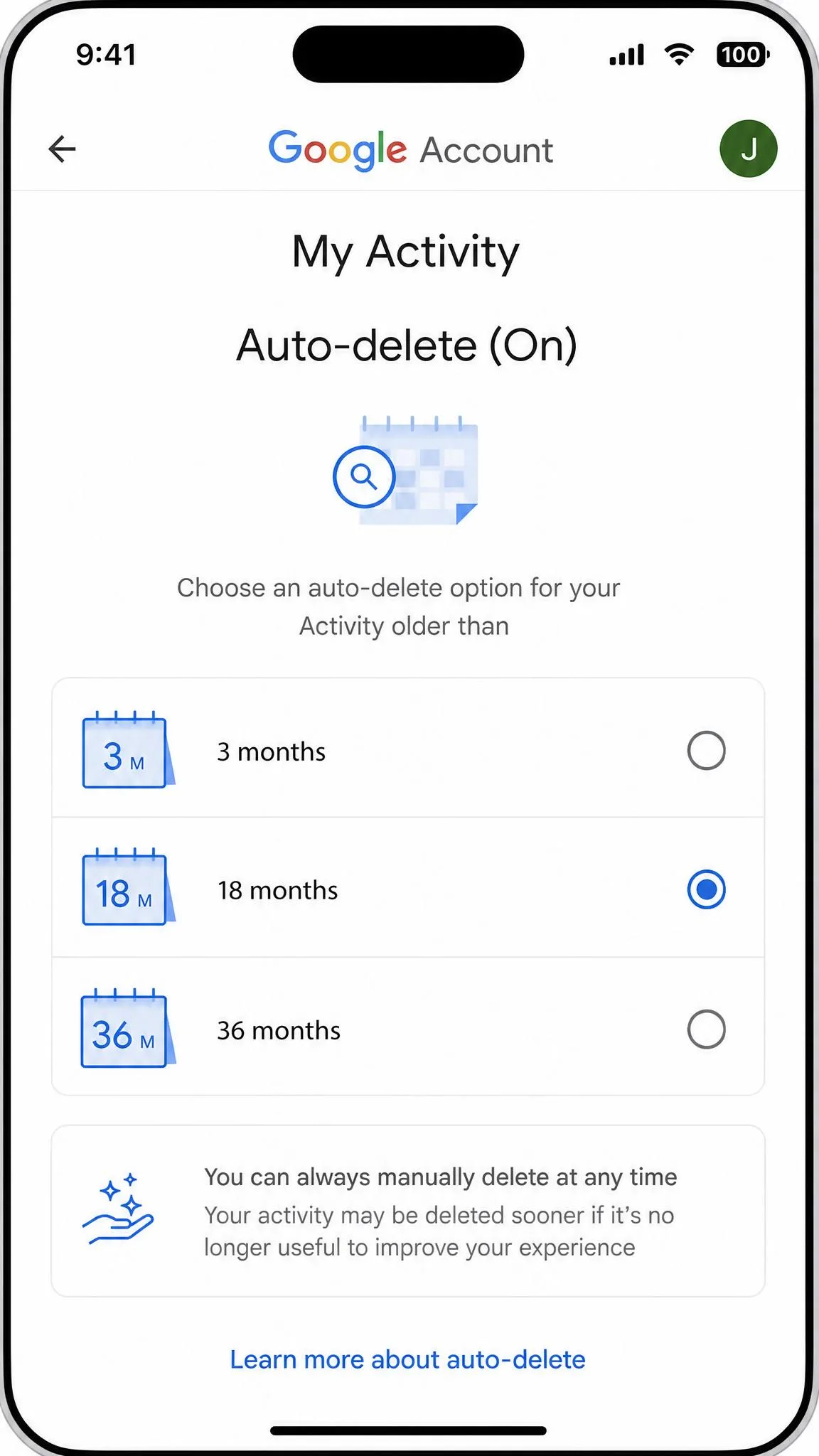 The Google My Activity auto-delete settings screen on an iPhone showing the 3, 18 and 36 month retention choices with 18 months selected.