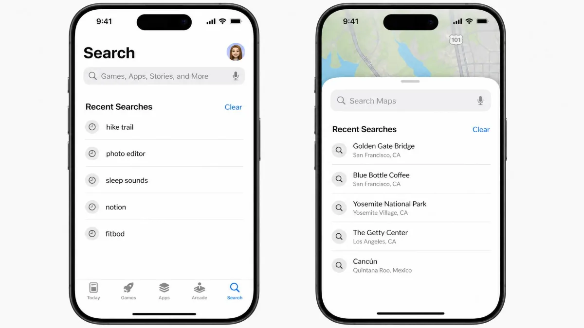 Side-by-side iPhone screens showing the App Store Search tab and the Apple Maps search card, each with a Clear button beside its list of recent searches.