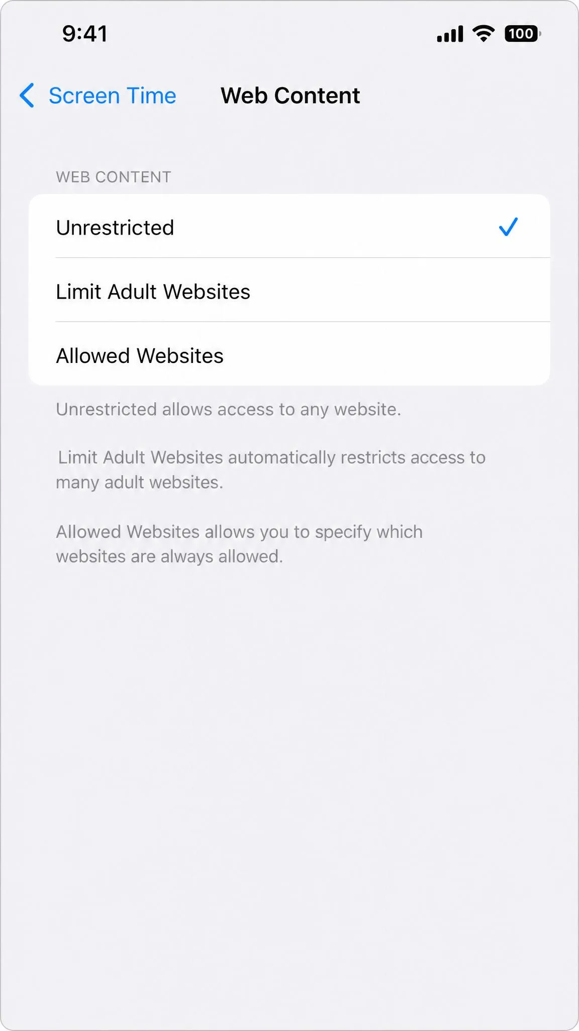 The Screen Time Web Content settings screen on an iPhone with Unrestricted selected, the setting that re-enables Safari's Clear History option.
