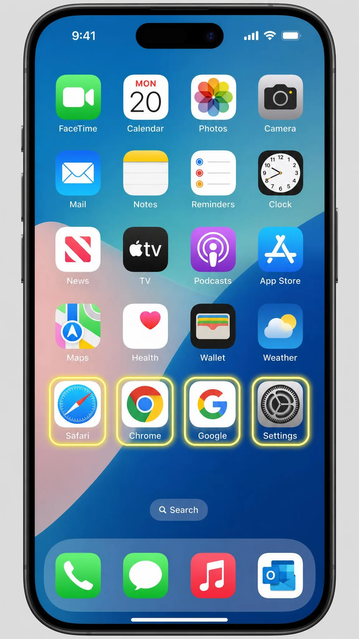 An iPhone home screen with the Safari, Chrome, Google and Settings app icons highlighted, illustrating the separate places search history is stored on iOS.