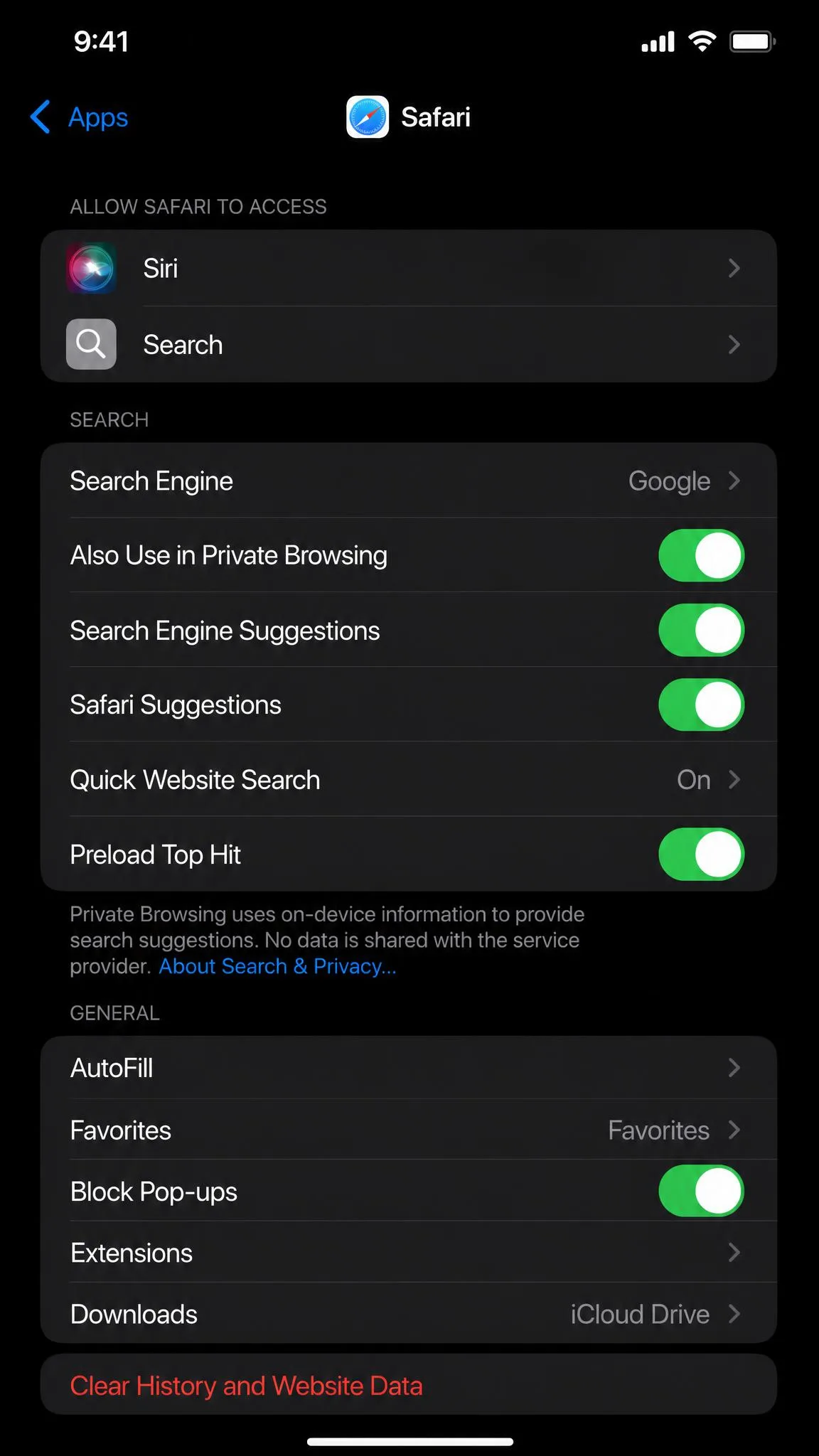 The Safari settings screen in iOS 26 Settings, reached through Apps, with the red Clear History and Website Data row visible near the bottom.