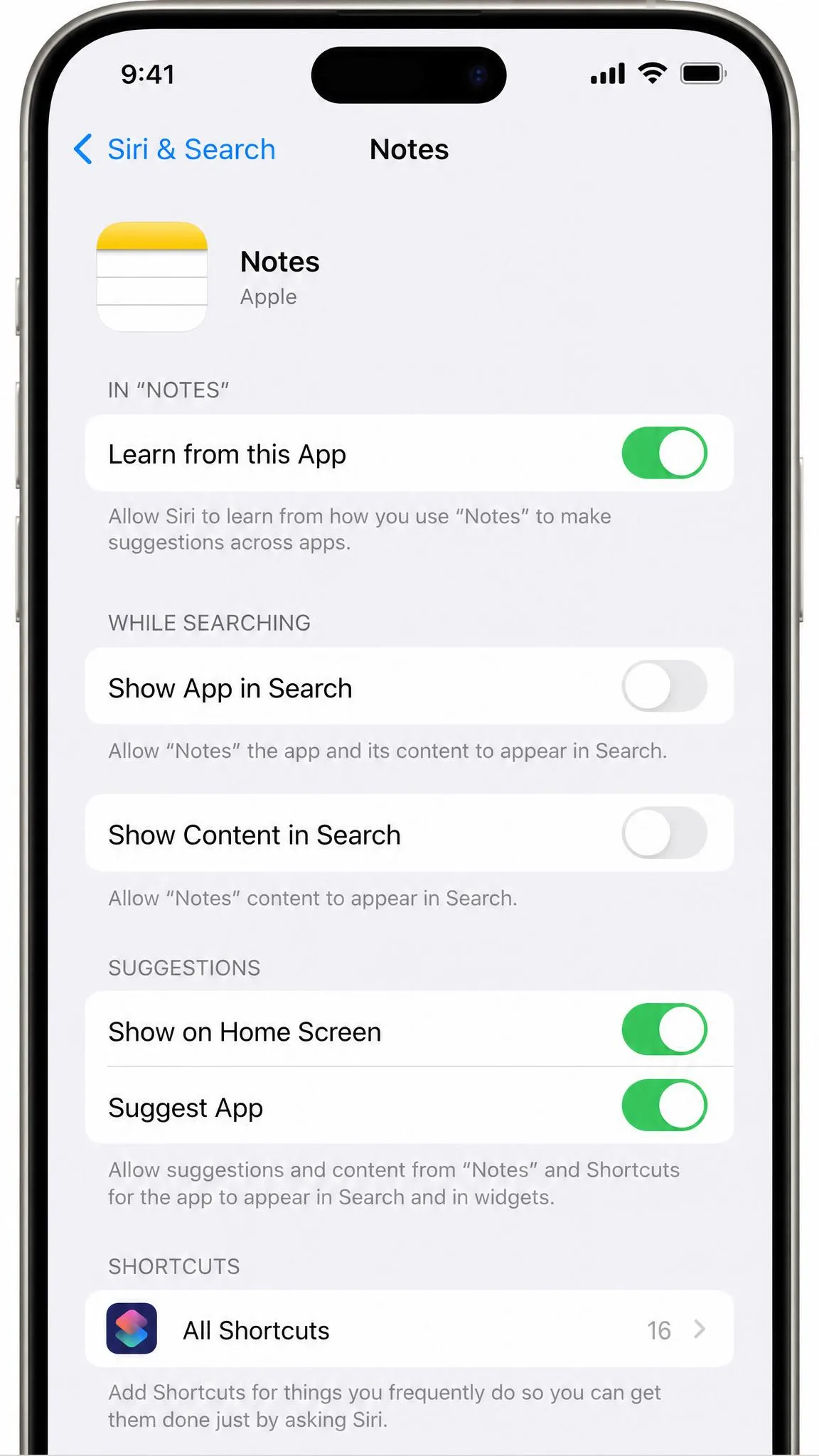 The Siri and Search settings screen on an iPhone with the Show App in Search and Show Content in Search toggles switched off for a single app.
