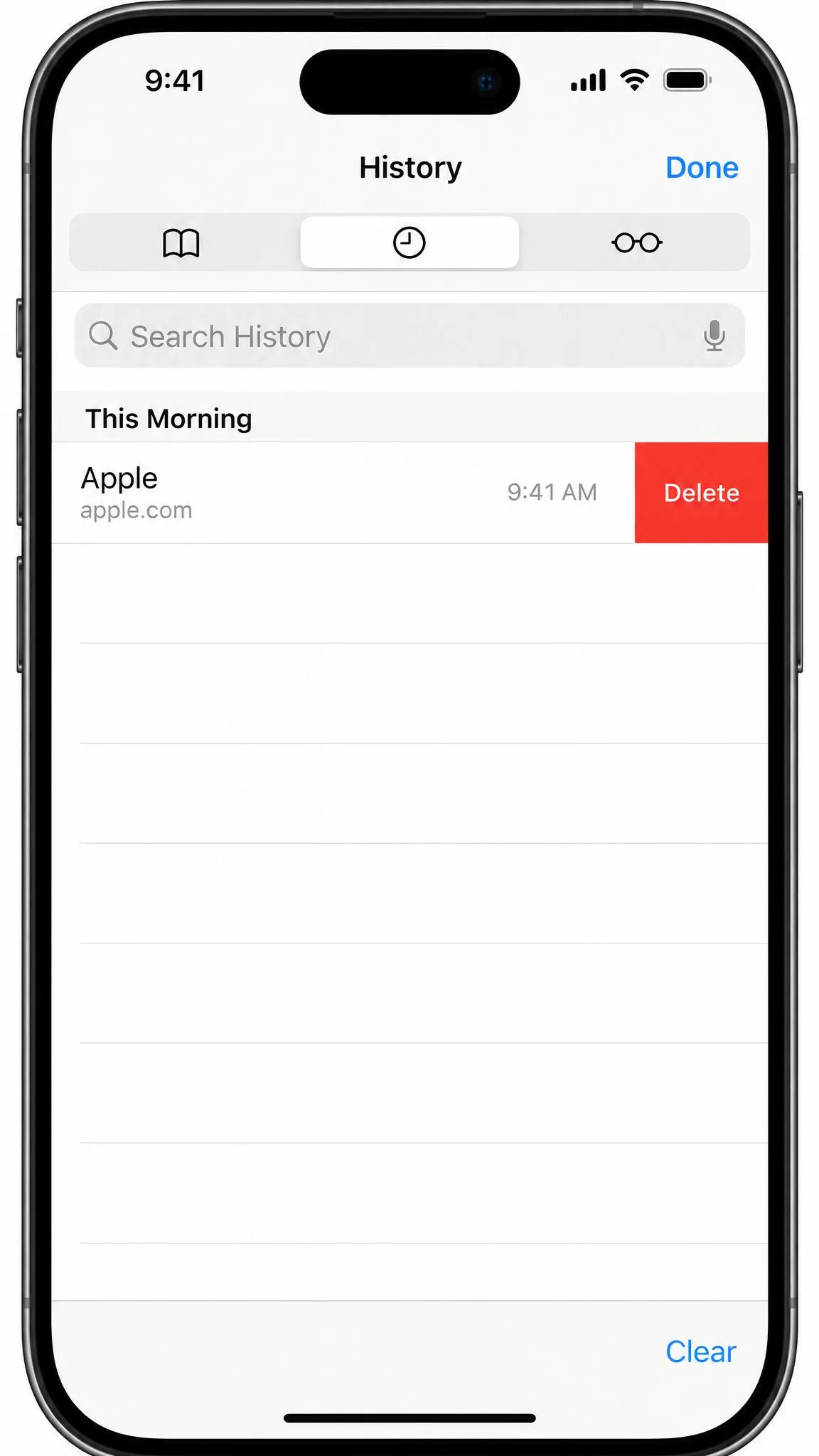 Safari's History list on an iPhone with a single website entry swiped left to expose the red Delete button.