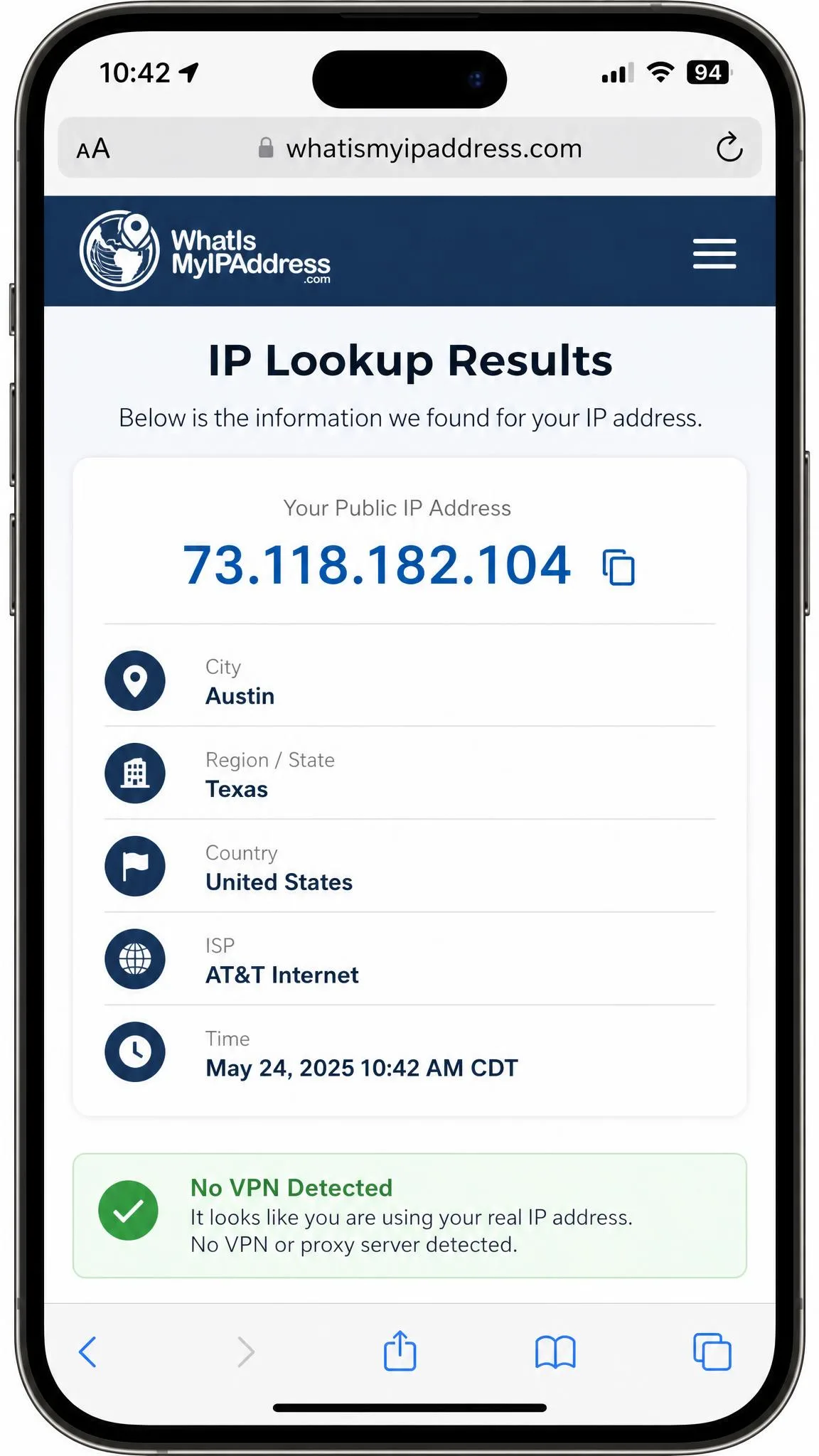 Mobile browser on iPhone showing an IP-lookup results page with the user's real public IP address and home city listed, confirming no VPN server is in use.