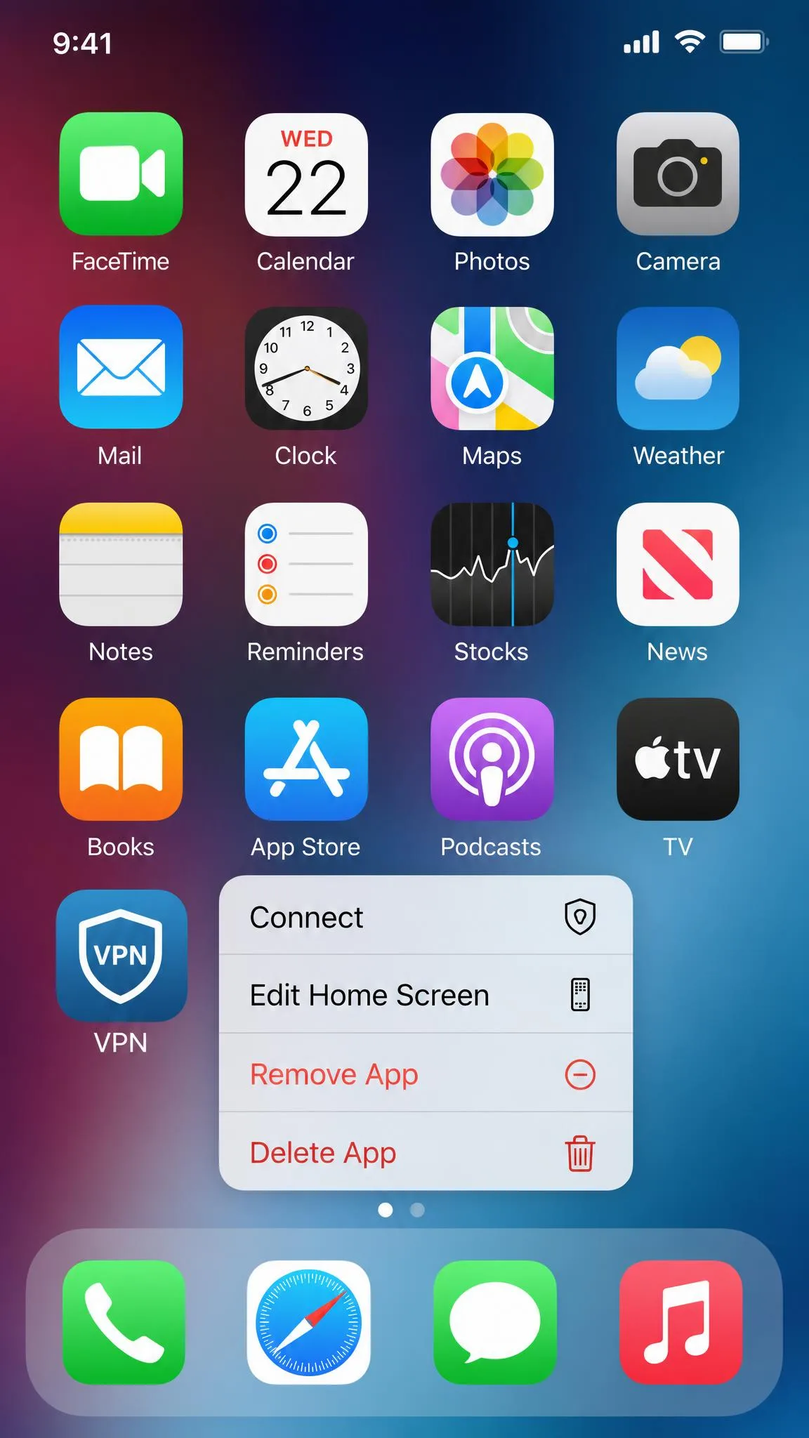 iPhone Home Screen showing the touch-and-hold context menu over a VPN app icon, with the Remove App and Delete App options visible in the pop-up list.