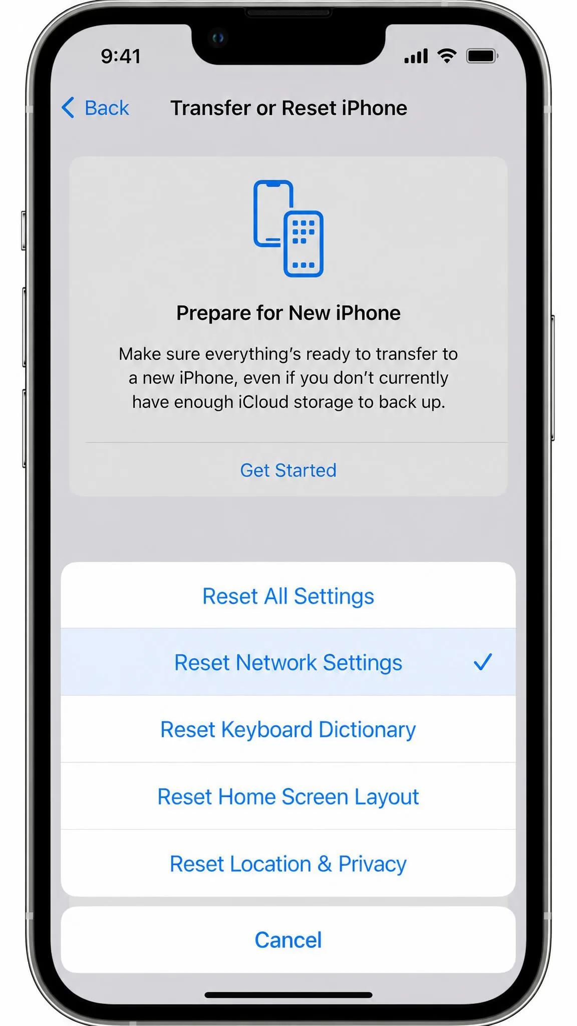iPhone Settings screen showing Transfer or Reset iPhone then Reset, with the Reset Network Settings option selected in the list.