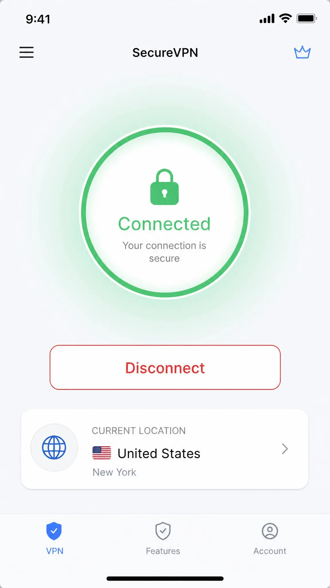 A VPN app home screen on iPhone showing a large connected status circle and a Disconnect button, with the current server location listed underneath.