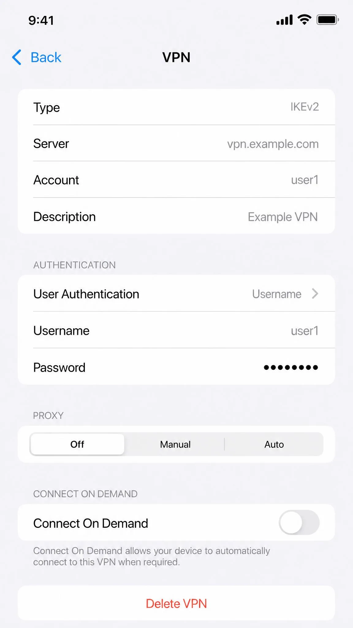 iPhone VPN profile detail screen with the Connect On Demand toggle switched off and a Delete VPN button visible at the bottom.