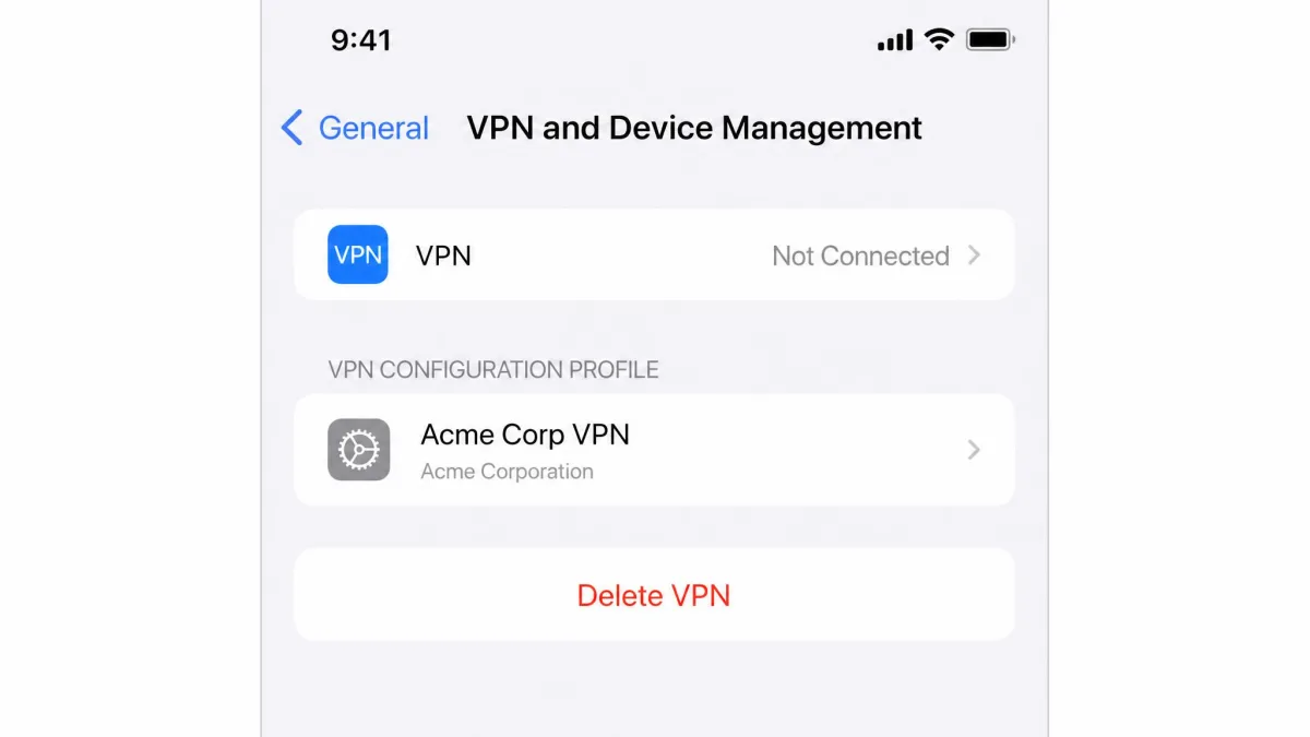 iPhone Settings screen at General then VPN and Device Management, showing a listed VPN configuration profile with a Delete VPN button in red.