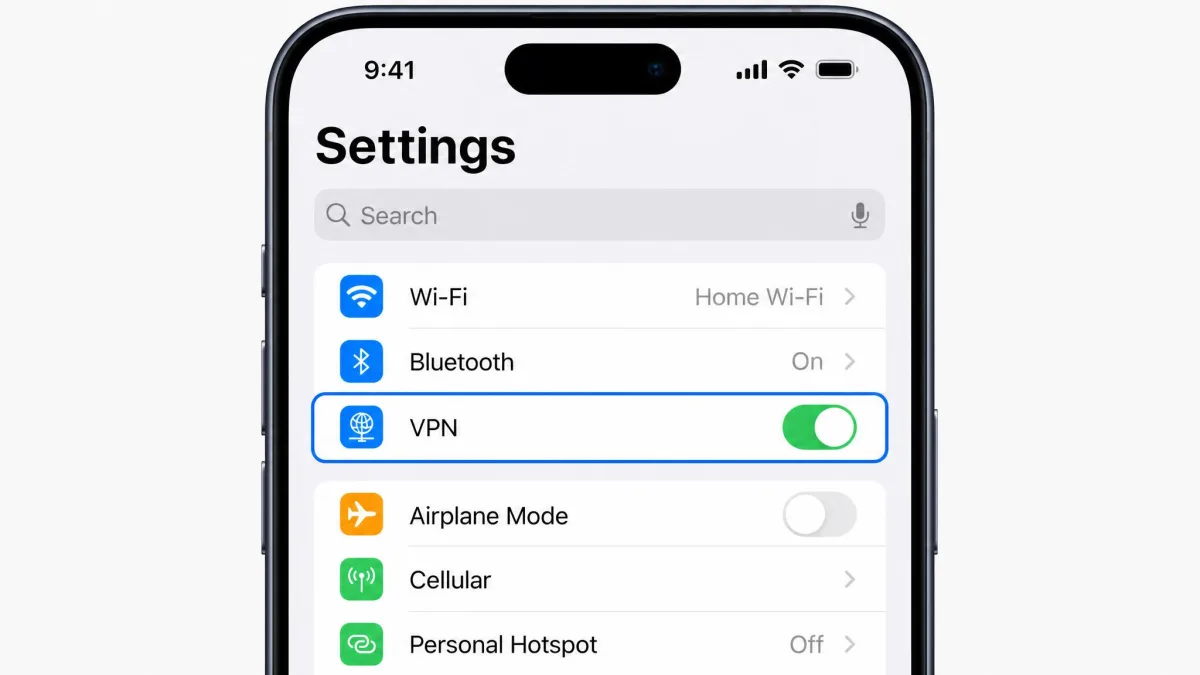 iPhone Settings app home screen with the VPN row and its on/off toggle highlighted near the top, just below the Wi-Fi and Bluetooth entries.