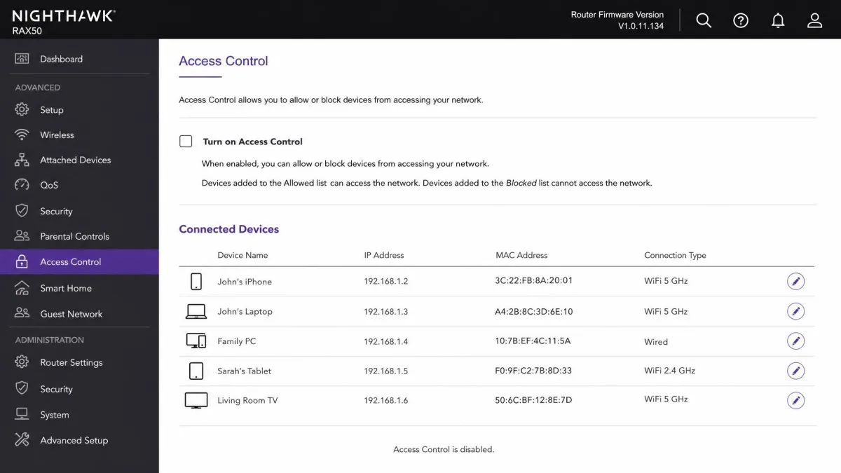 The Access Control page in the Netgear Nighthawk web interface showing the Turn on Access Control check box and the connected device list.
