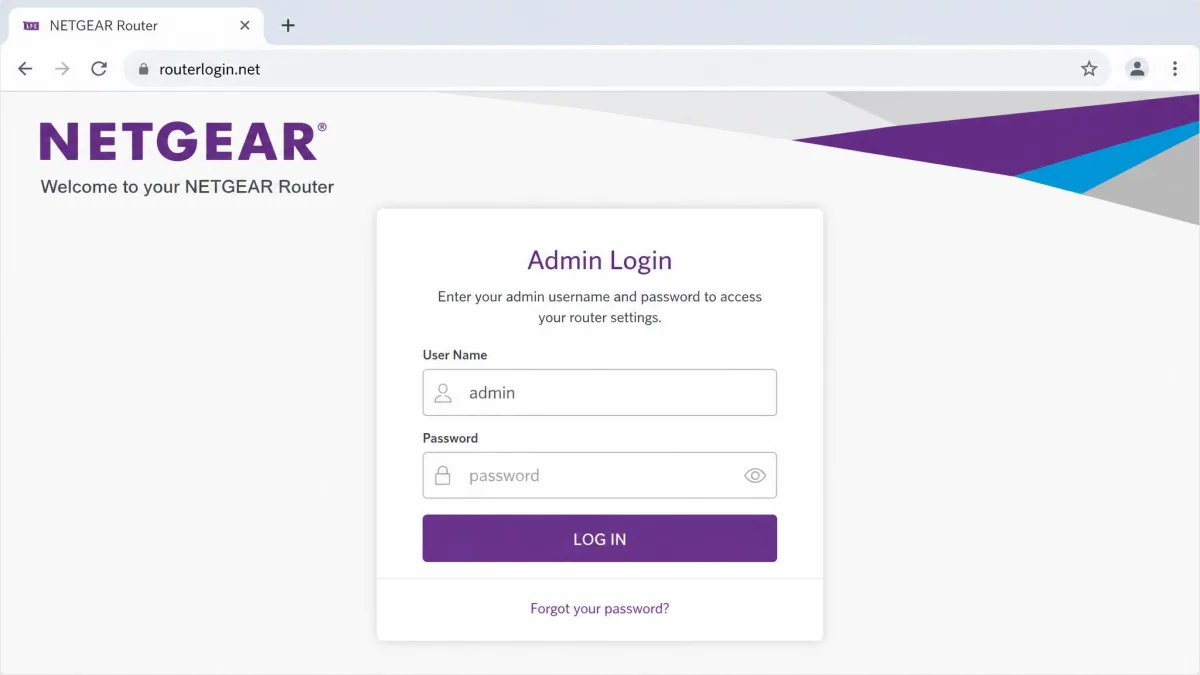 The Netgear router login screen at routerlogin.net with the admin user name and password fields ready to fill in.