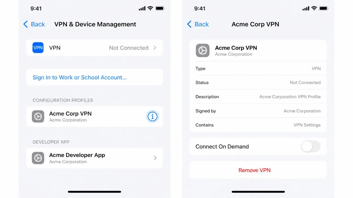 iPhone VPN and Device Management screen with the info icon highlighted next to a VPN profile, and the Connect On Demand toggle switched off on the detail panel.