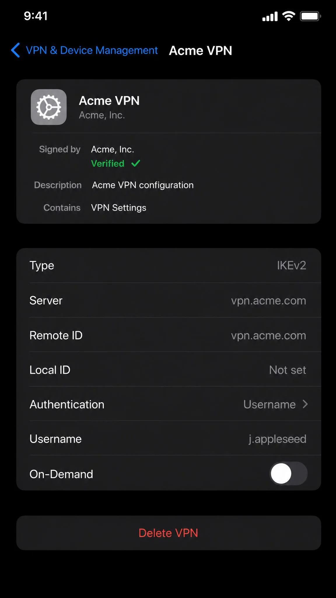 iPhone VPN profile detail screen under VPN and Device Management showing the red Delete VPN button at the bottom of the configuration options.
