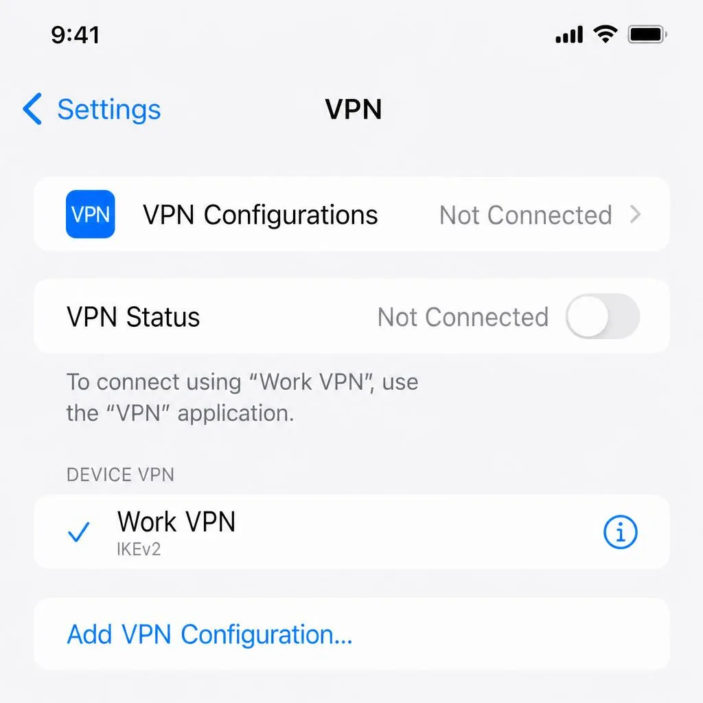 iPhone Settings screen showing the VPN row expanded, with the VPN Status toggle set to Not Connected and the green switch turned grey.