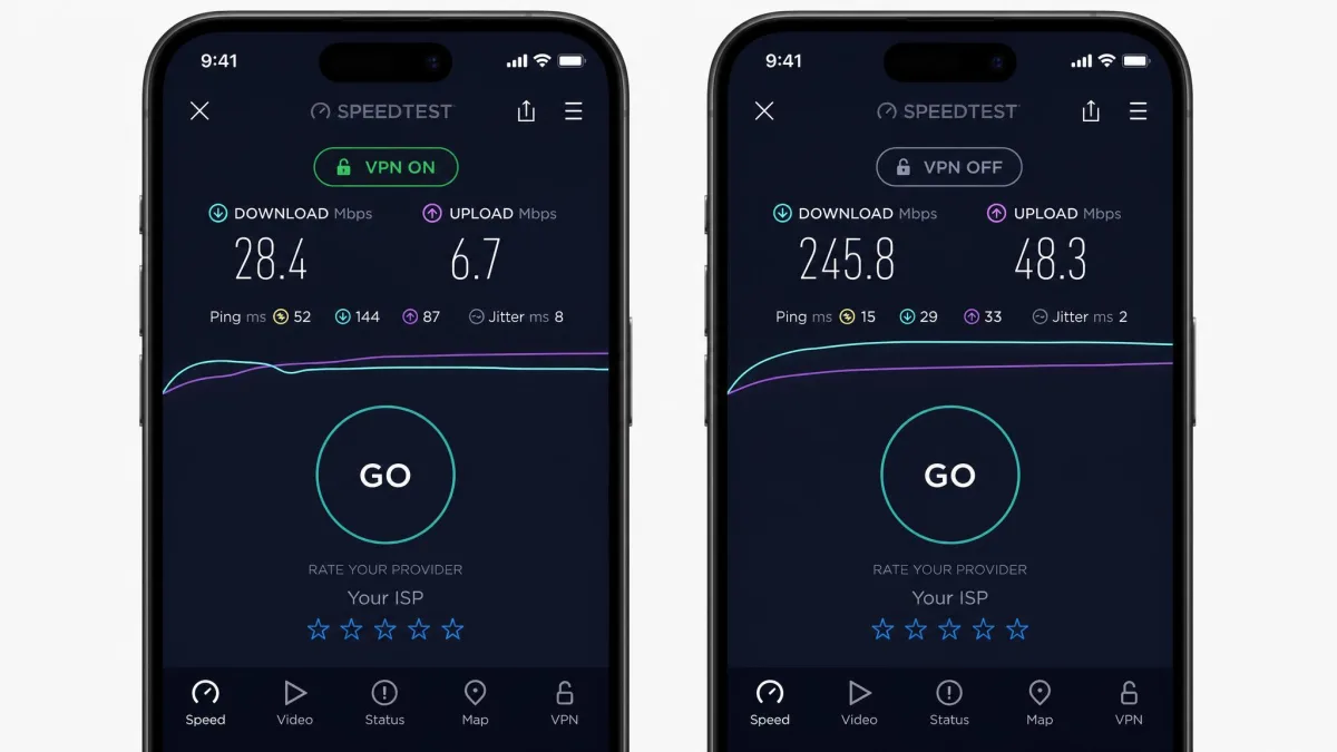 Two iPhone screens side by side, one showing an active VPN badge with a slower speed test result and one with the VPN off showing a faster result.