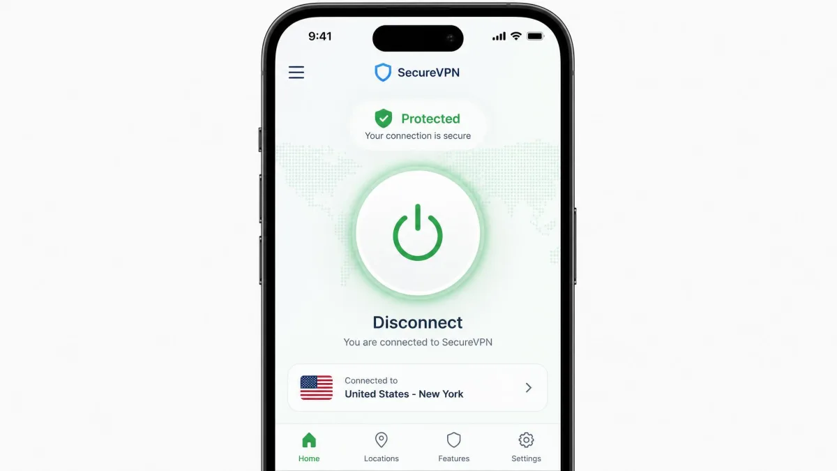 A VPN provider app open on an iPhone showing a large central power button in the connected state, with a Disconnect label and a green protected status above it.