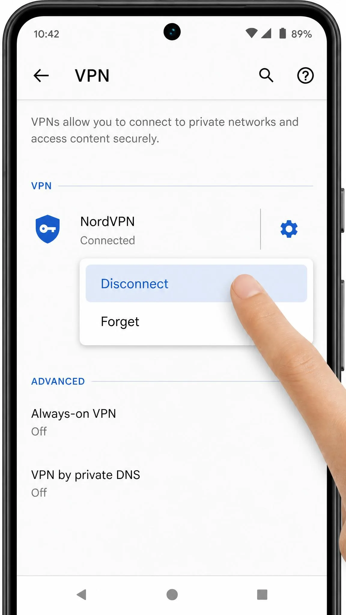 An Android phone Settings screen on the VPN page, showing an active VPN with a gear icon beside it and a Disconnect option being tapped.