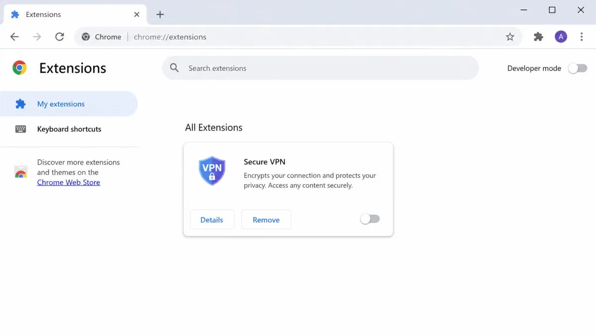 The Chrome extensions page at chrome://extensions showing a VPN extension card with its enable toggle being switched off.