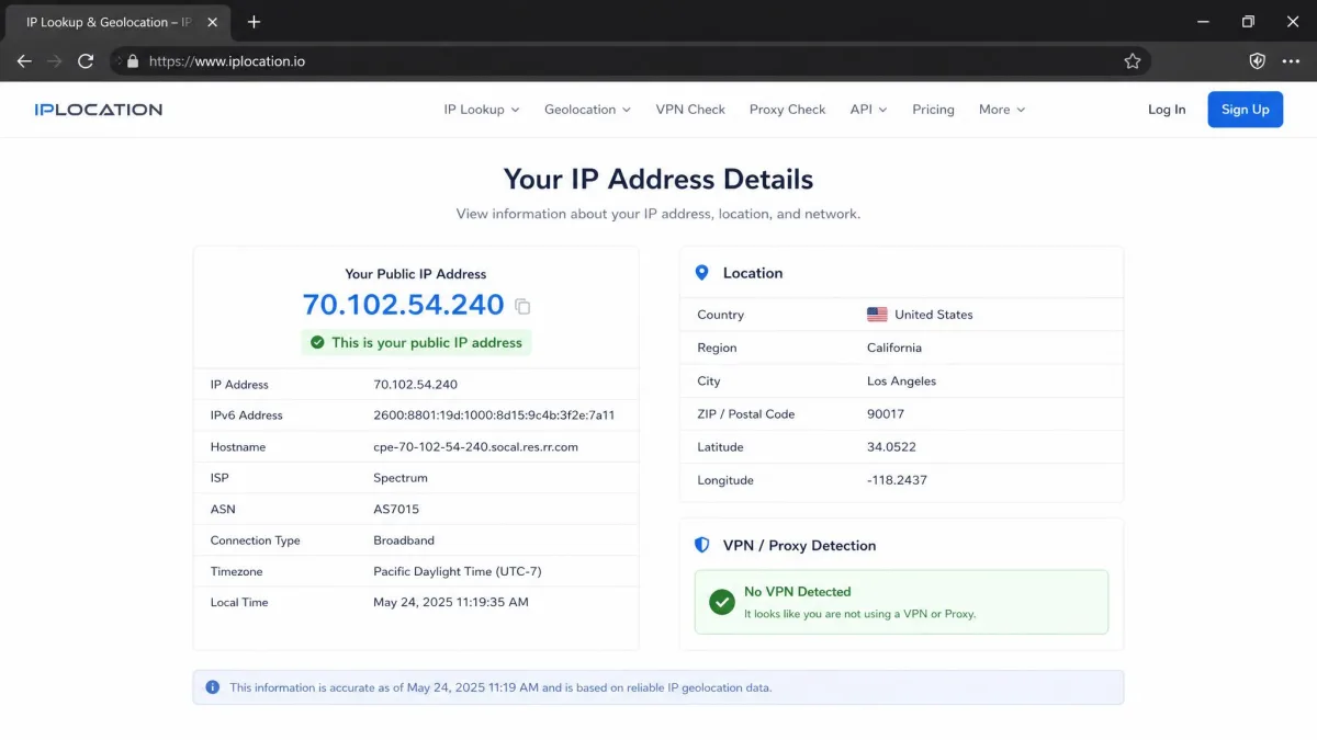 A browser showing an IP-lookup website with a public IP address and a city matching the user's real location, confirming no VPN is active.