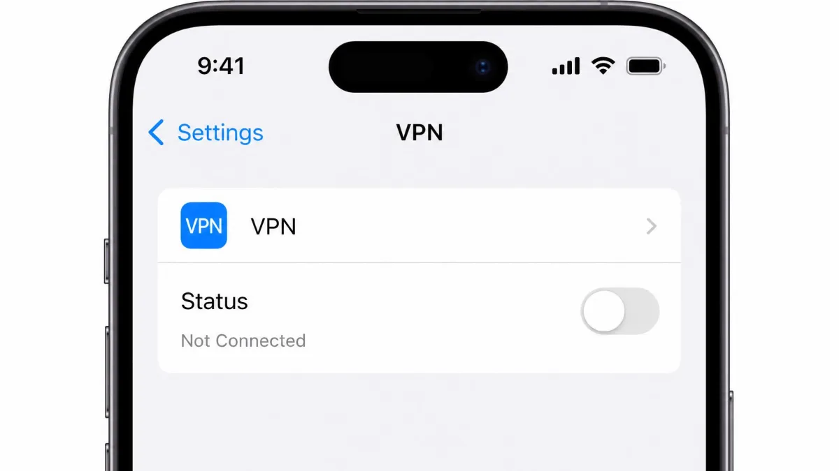 An iPhone Settings screen showing the VPN row with a green Status toggle being switched to the Off position and a Not Connected label beneath it.