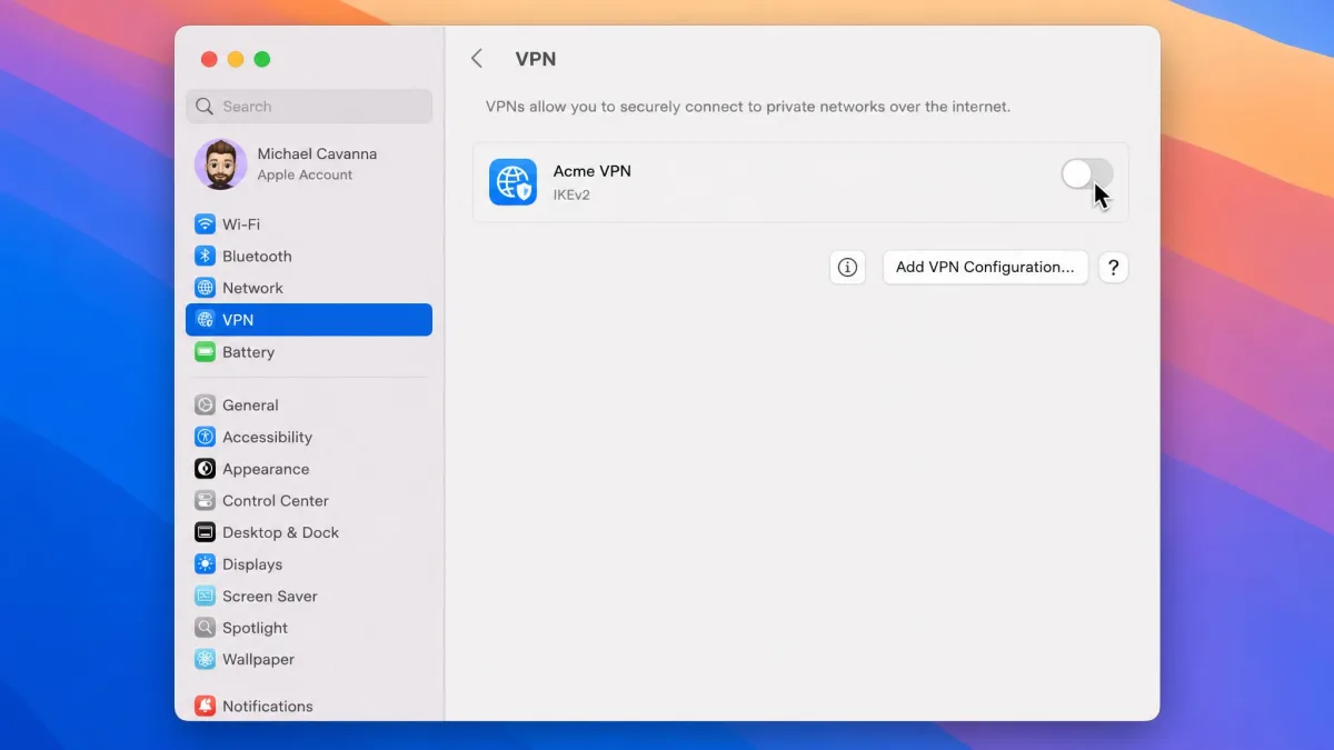 The macOS System Settings window with VPN selected in the sidebar, showing a connection row and a blue toggle switch being turned to the Off position.