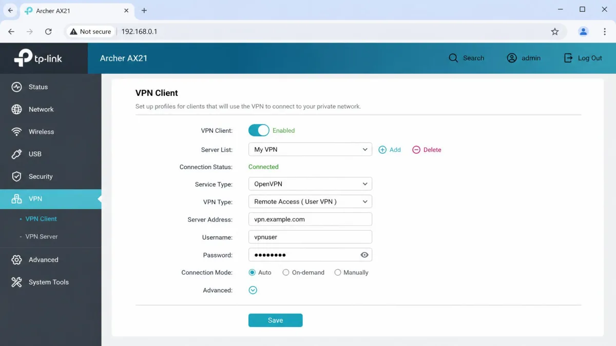 A router admin panel open in a browser, showing the VPN client section with an enabled toggle highlighted and a Save button below the settings form.