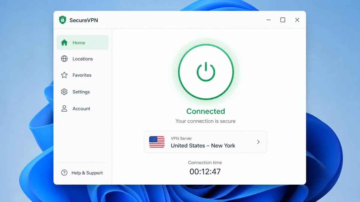 A desktop VPN app window showing a large circular power button in the connected state, with the server location and connection timer displayed beneath it.
