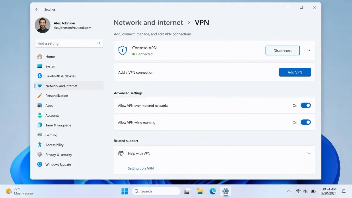 The Windows 11 Settings app open on the Network and internet VPN page, showing a connected VPN entry with the Disconnect button highlighted.