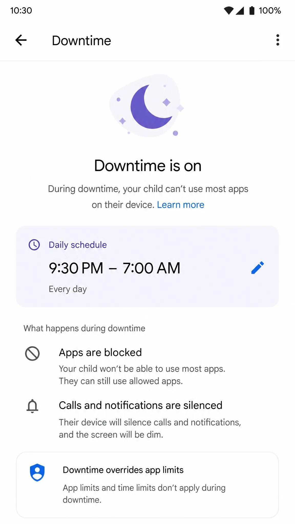 The Google Family Link downtime schedule screen showing a daily lock window from 9:30 PM to 7:00 AM for a child's Android device.