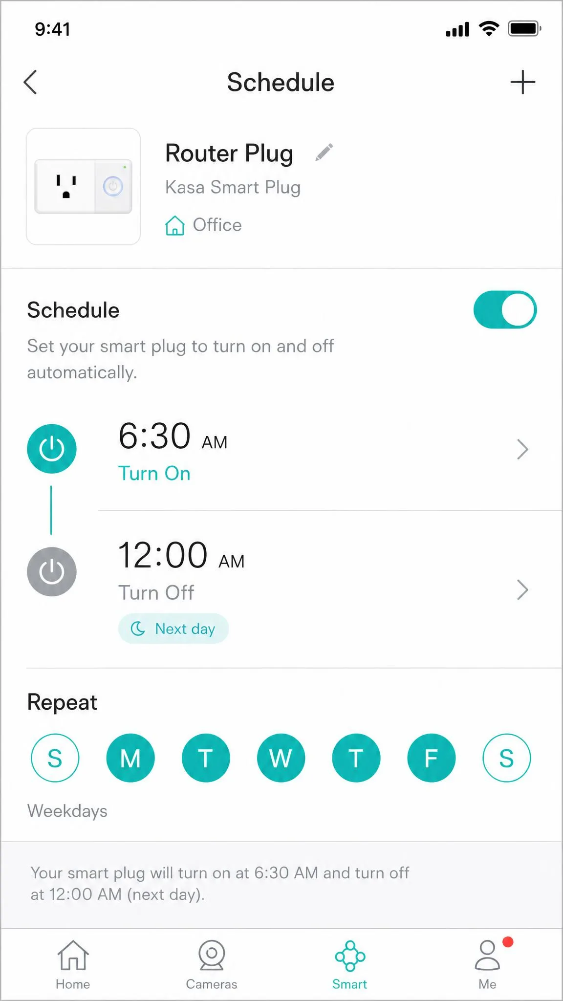 The Kasa smart-plug app showing an on/off schedule for a plug powering a router, with an overnight off window and weekday repeat toggles selected.