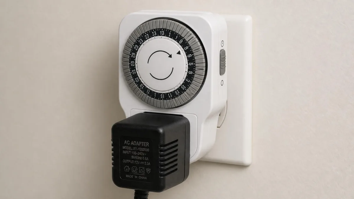 A mechanical 24-hour outlet timer plugged into a wall socket with a router power supply plugged into the timer, dial tabs visible around the face.