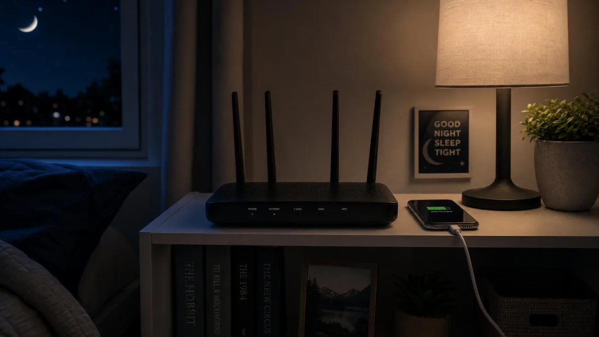A router sitting on a bedroom shelf at night with its Wi-Fi status light dark during the scheduled off window, a phone charging beside it.
