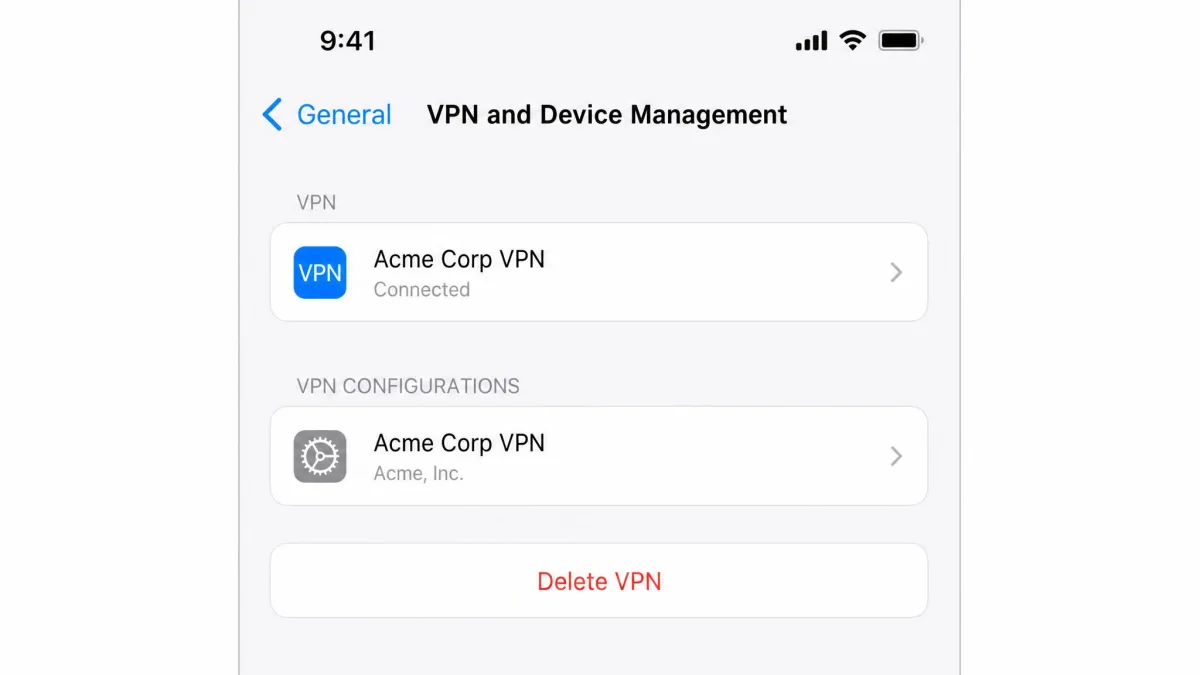 The iPhone Settings screen at General, VPN and Device Management, showing a VPN profile with the Delete VPN option.