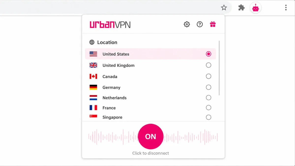 The Urban VPN browser extension popup, showing the location list and the single on/off connection button.