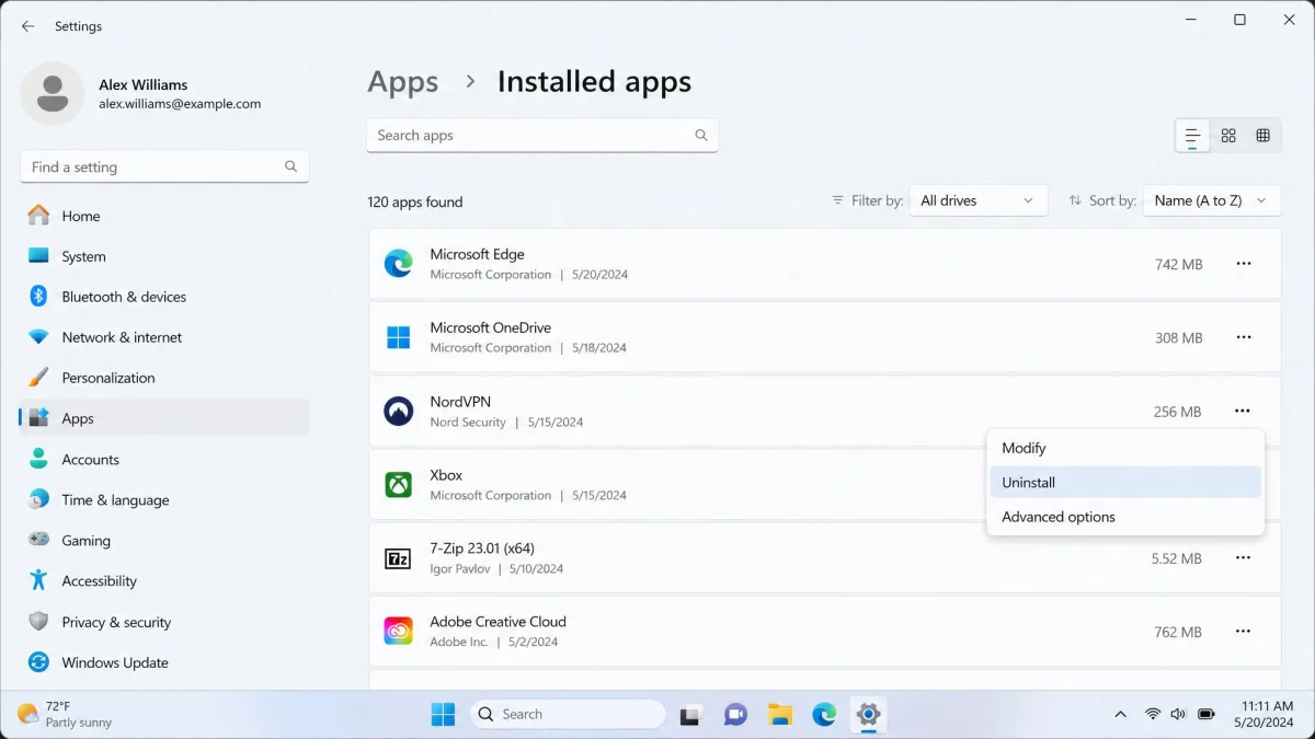 The Windows 11 Installed apps list with a VPN app's three-dot menu open and the Uninstall option highlighted.