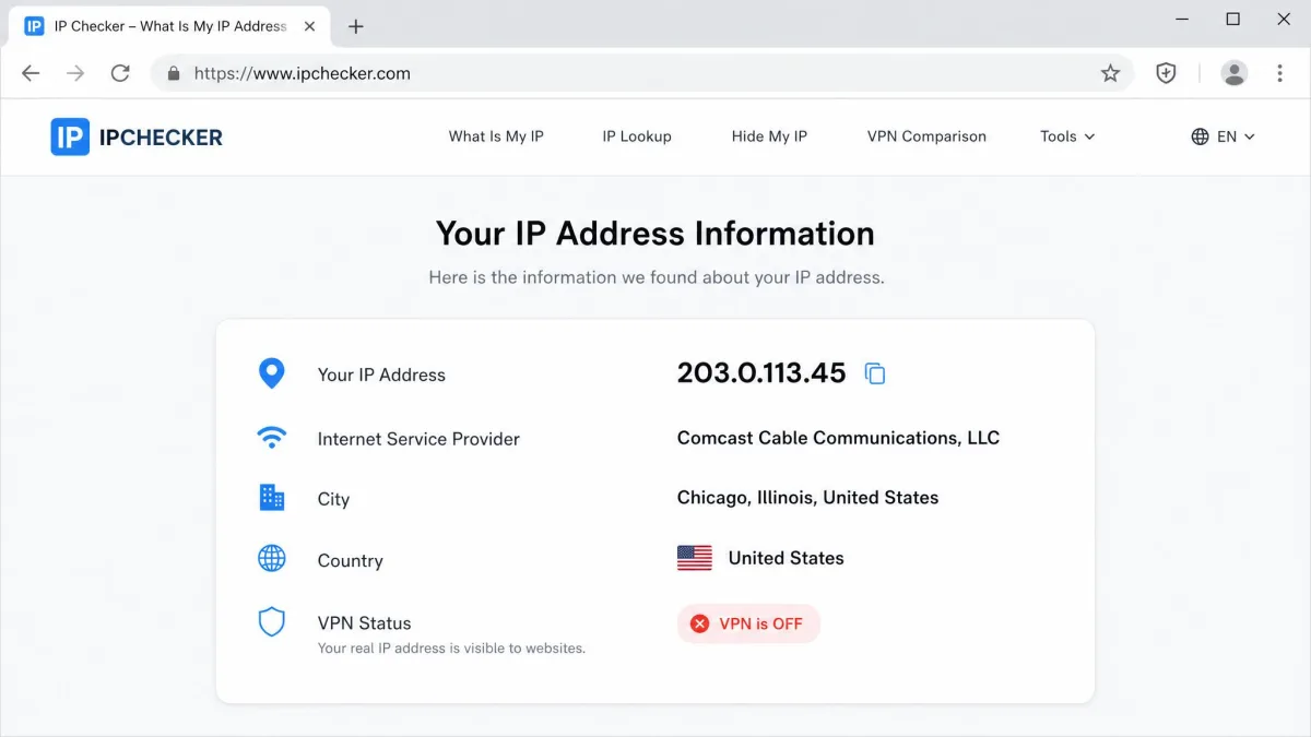 A browser showing an IP-checker results page with a IP address, the user's ISP name, and city, confirming the VPN is off.